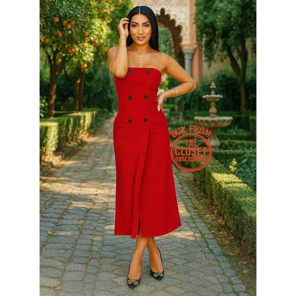 ZARA Red Midi Dress with Front Slit NWT Strapless Sizes S–M - Picture 2 of 16